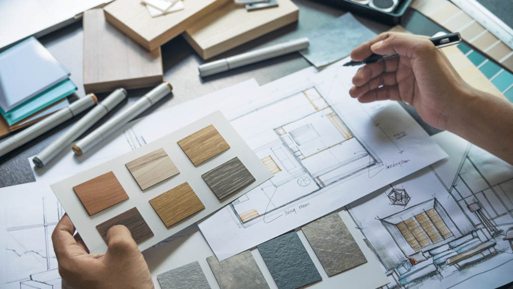 Student working on interior design drawings