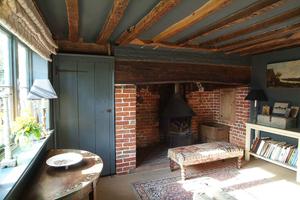 Farmhouse interior design with fireplace
