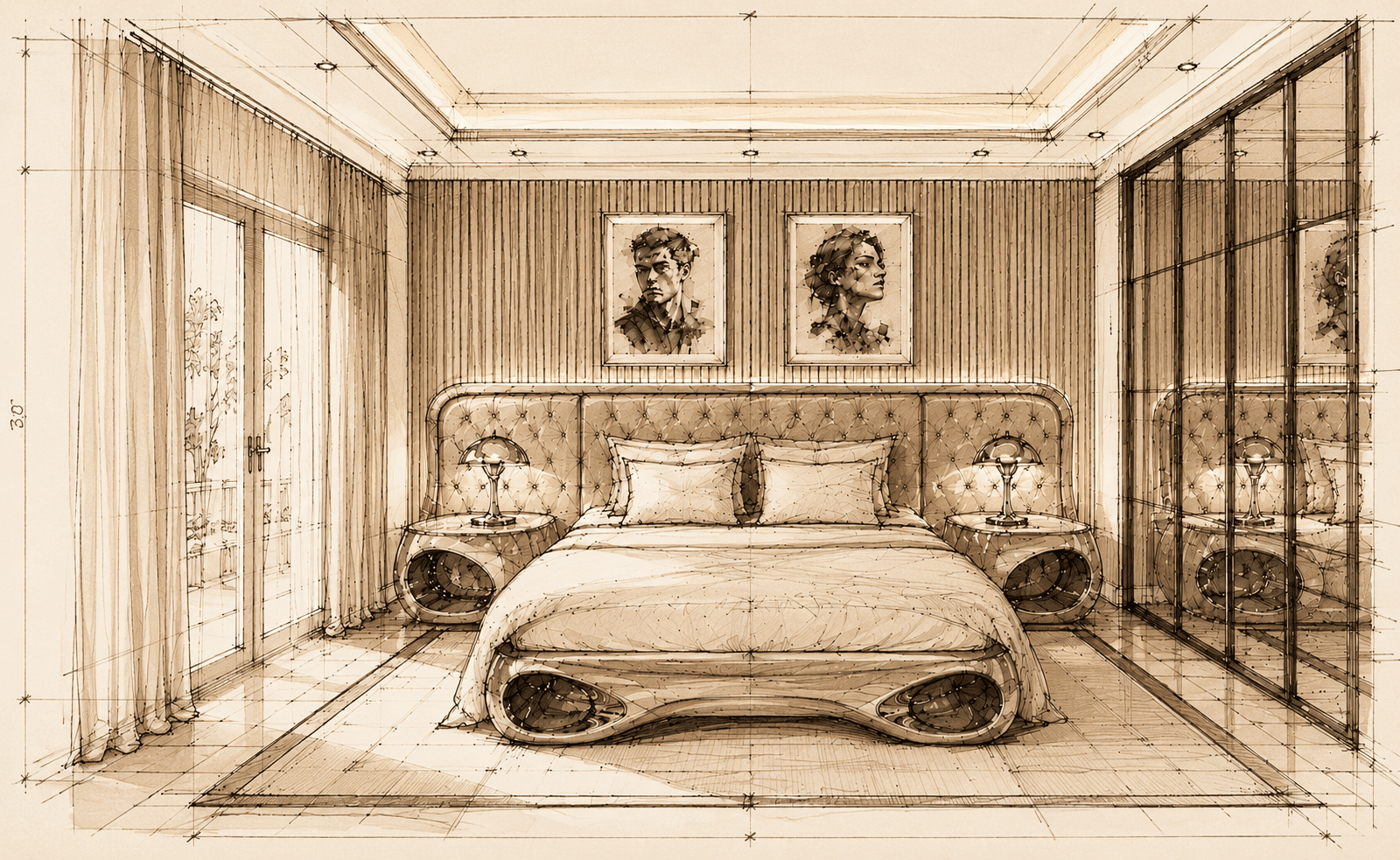 room with a bed and photo frames