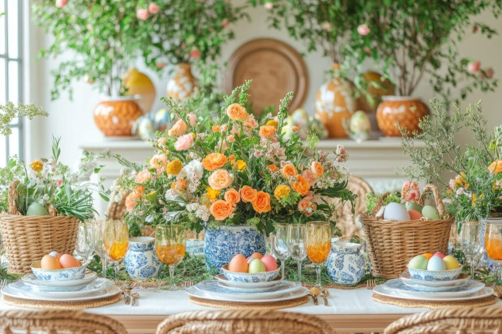 Easter table setting decorated with colorful eggs, flowers, and greenery