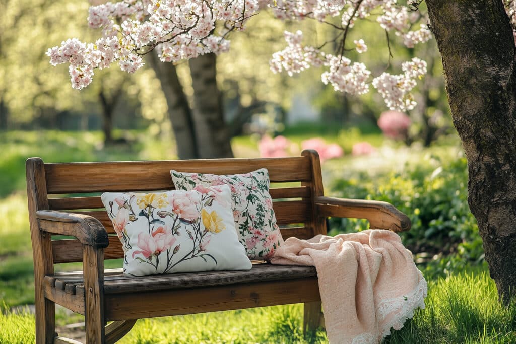A wooden bench under a blooming tree, decorated with floral cushions and a throw blanket