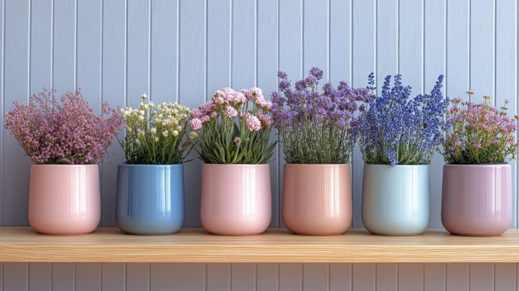 Colorful flower pots filled with blooming plants against a blue wall