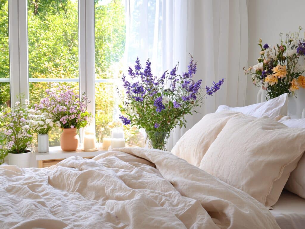 Bright bedroom with natural light and floral arrangements on windowsill and bedside table