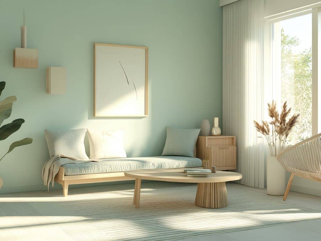 A modern living room interior with light neutral color scheme