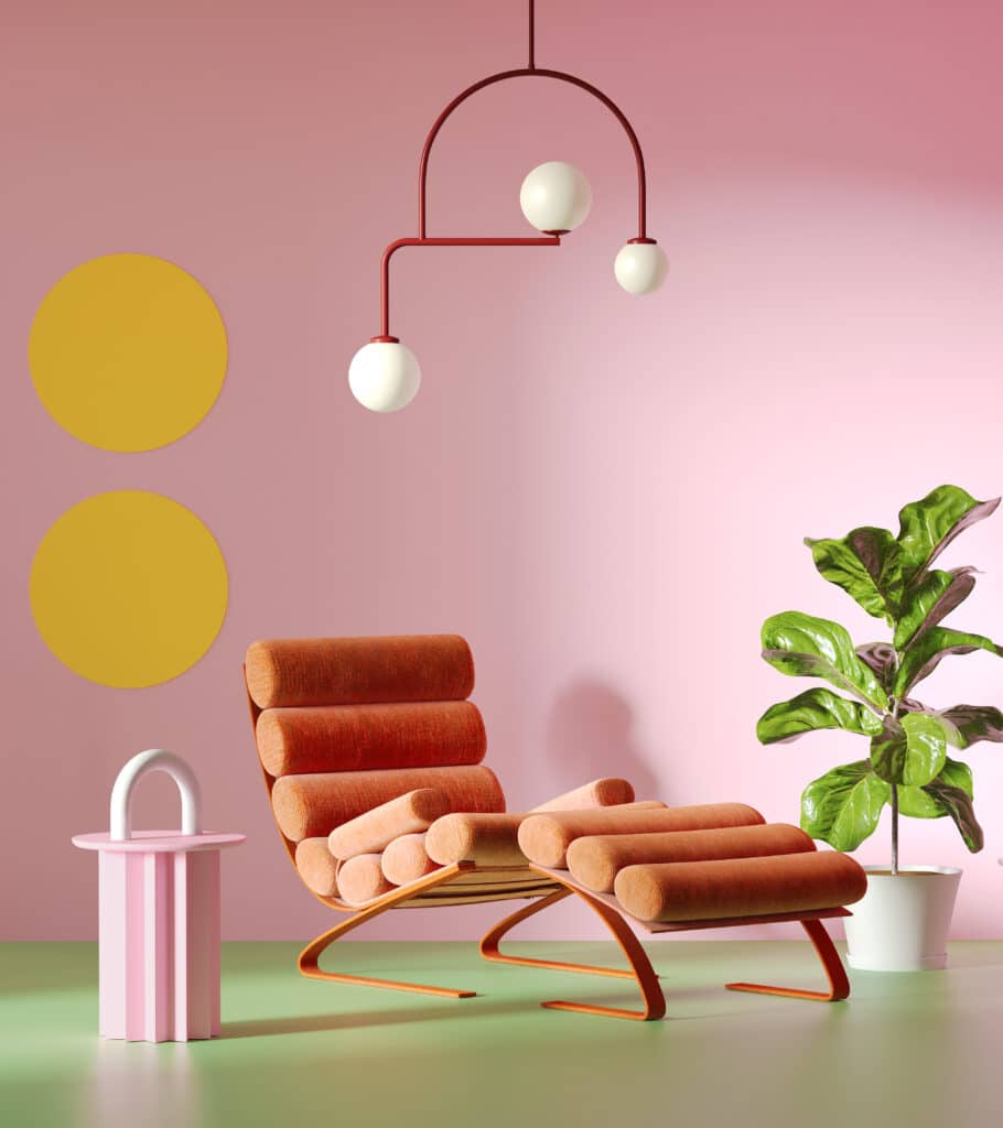 3d rendering of an 80s vibrant interior in Memphis design style with red, yellow mint and pink colours, a ficus lyrata and a velvet lounge chair