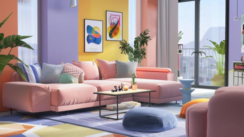 Chic living room setup for a young adult, incorporating a blend of bold and pastel colors, sleek furniture, and personalized decorative elements to create a unique space