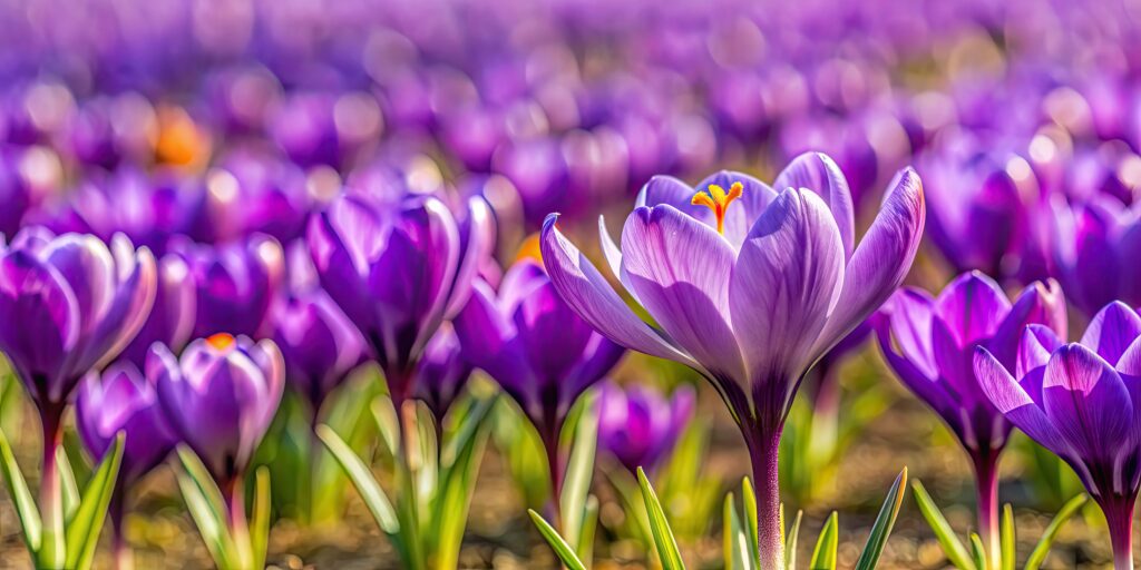 Purple crocus flower in bloom in the field before harvest, saffron, spice, purple, petals, plant, nature, agriculture, harvest