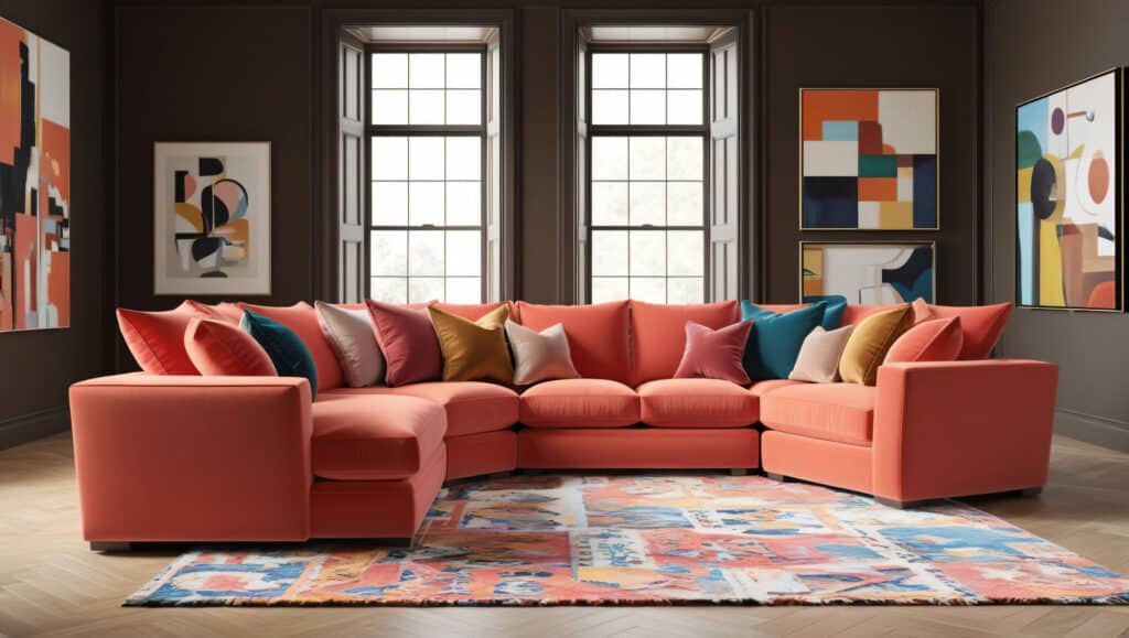 Coral or terracotta living room accent sectional sofa. The walls are dark beige. great art gallery location. Colorful house interior mockup.