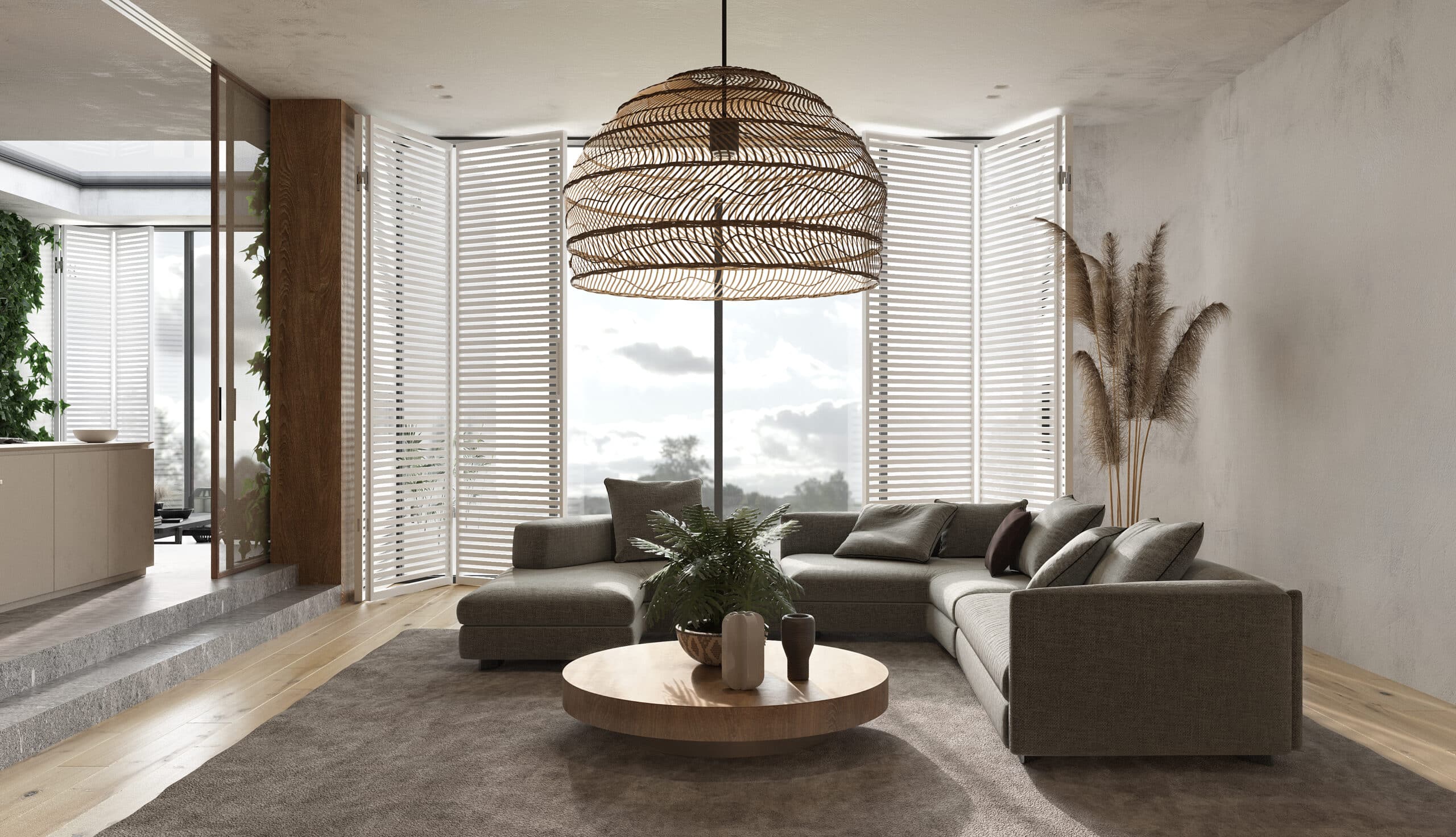 Neutral modern living room with a sectional sofa and woven pendant light