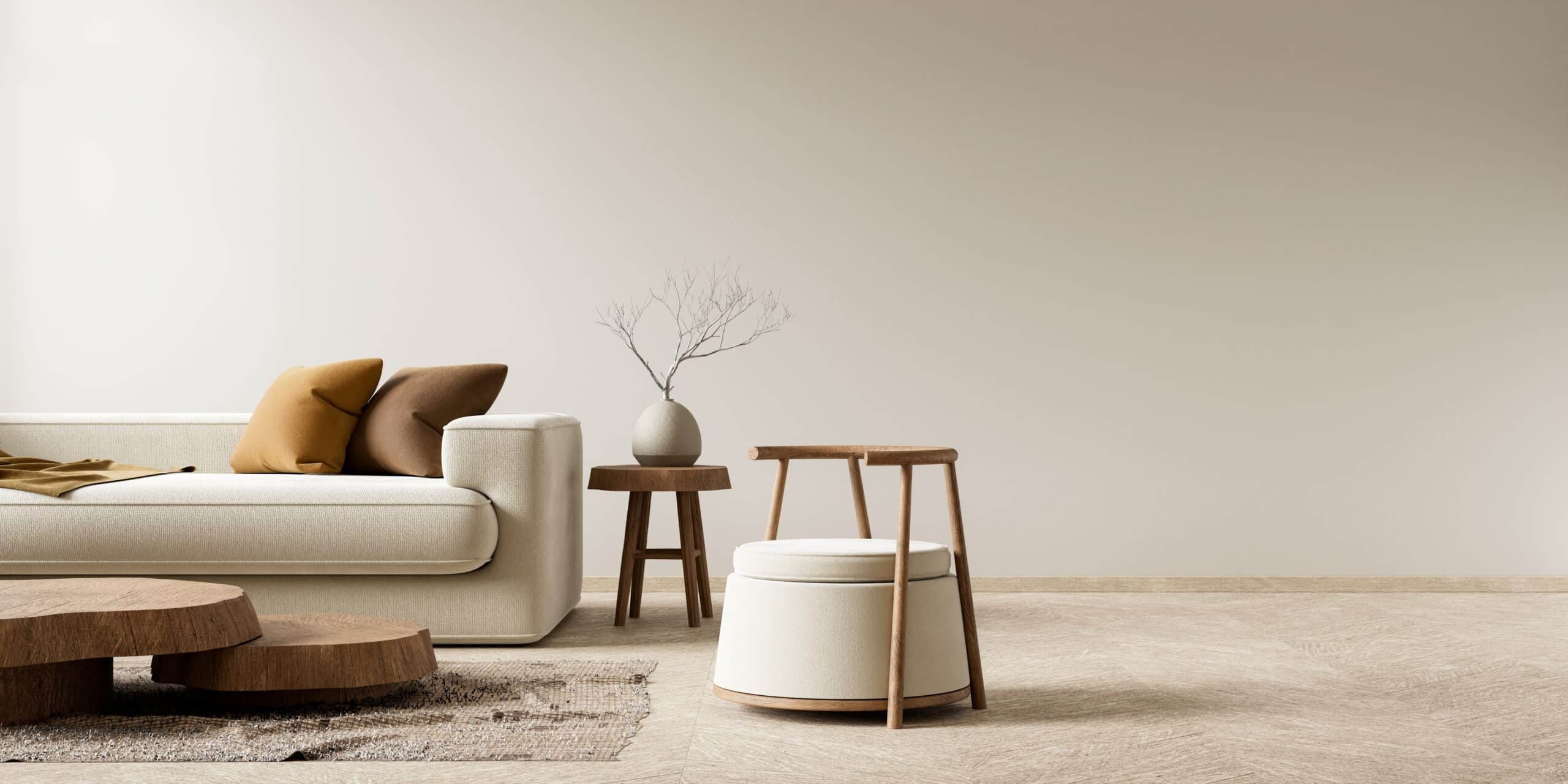 Minimalist neutral living room with natural wood furniture