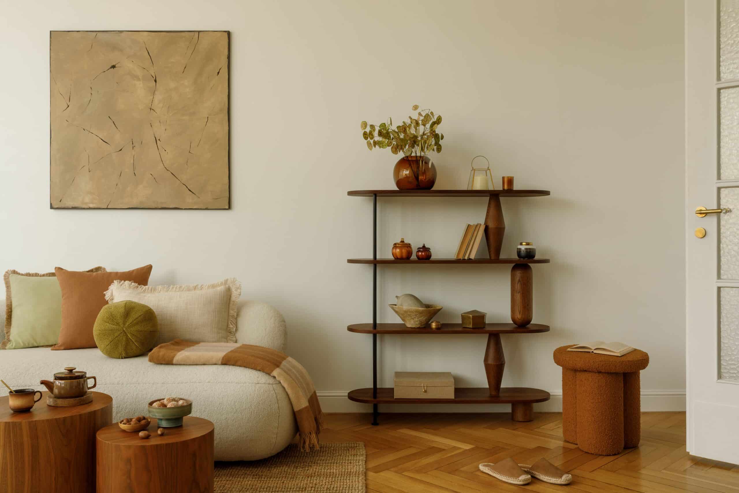 Warm neutral living room with styled shelving and textured furnishings