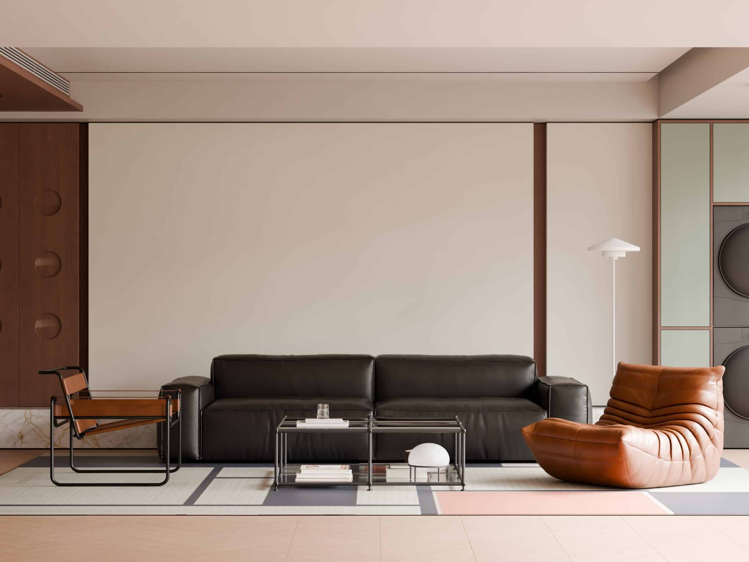 Contemporary living room with black and tan leather seating