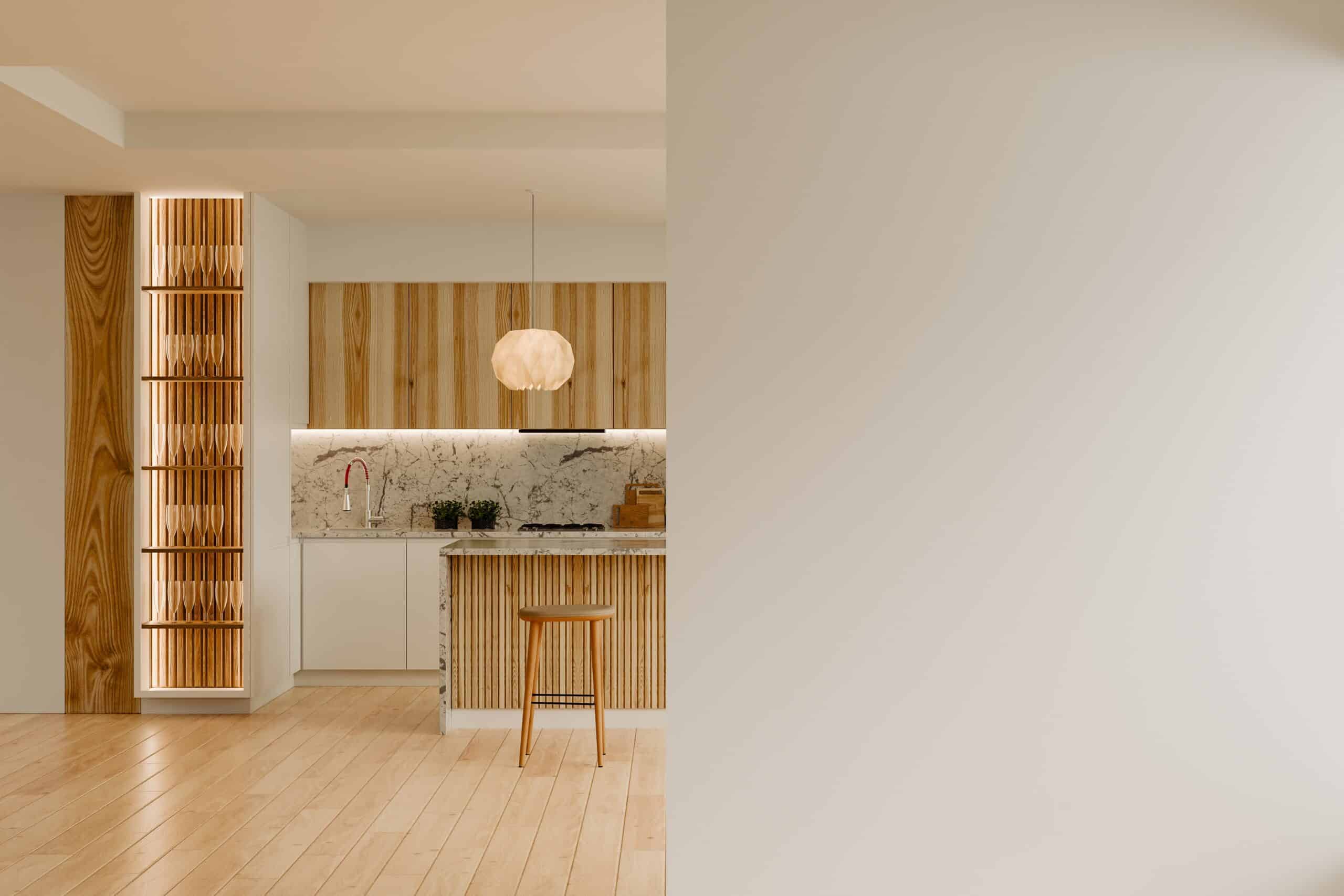 Minimalist kitchen with wood cabinetry and marble worktops
